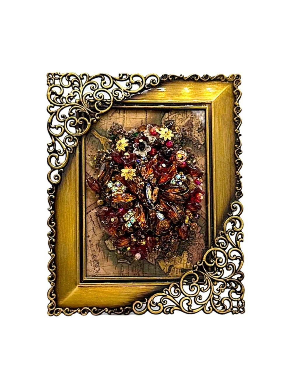 Handmade Vintage Charm Bronze Covered Frame with Intricate Detailing and Sparkle